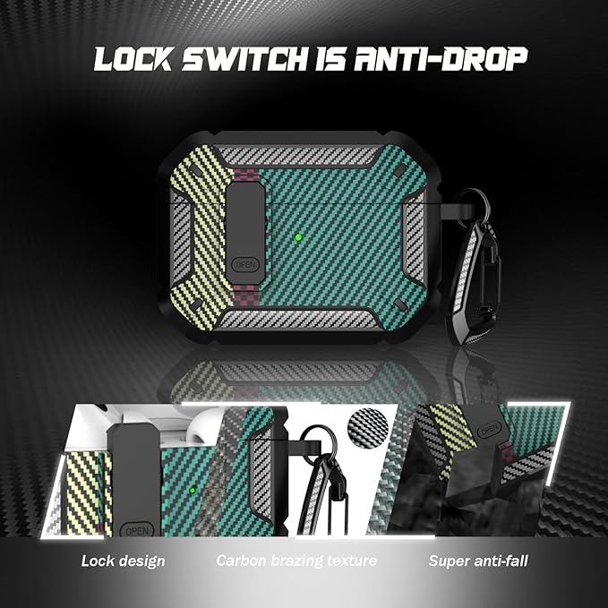 RFUNGUANGO for AirPods Pro 2nd Gen Case with Cleaning Kit, Military Hard Case Protective Armor with Lock, for AirPod Gen 2 Charging Case (2023/2022/2019, 2nd Gen/1st Gen), Carbon Fiber Green