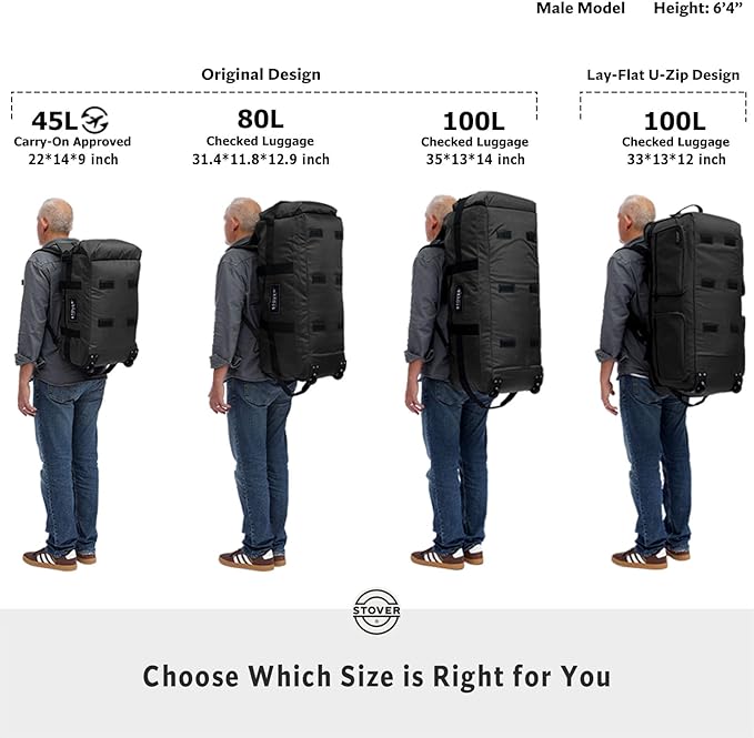 STOVER 100L U-Zip Rolling Duffel Bag with Wheels, X-Large Durable Travel Duffle + Toiletry Bag, Heavy Duty, Lay-Flat Opening, Packable w/Shoulder Straps- Use as Luggage or Backpack, Men/Women (Black)