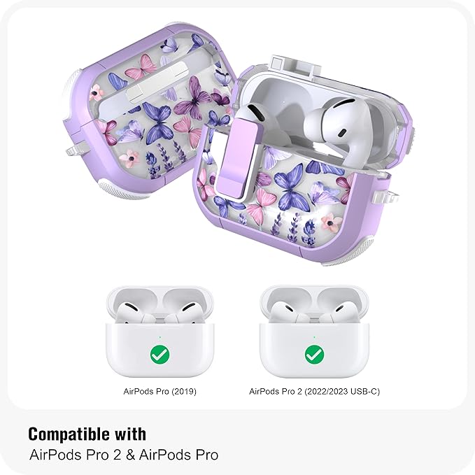 WENEW Case for AirPods Pro & Pro 2 Case Cover Secure Lock Automatic Snap Switch Clip Cleaner Kit Lanyard Women Stylish Hard Shell Full Body Front LED Visible (Purple Butterfly, AirPods Pro & Pro 2)