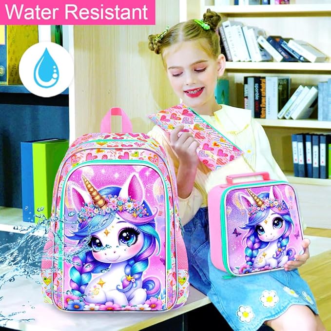 WZLVO 3PCS Kids Backpack for Girls, Unicorn Dinosaur Animal Prechool Elementary Kindergarten School Bookbag with Lunch Box