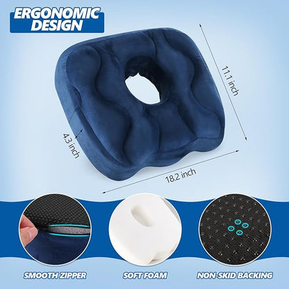Seat Cushion for Office Chair, Tailbone & Sciatica Pain Relive, Butt Donut Pillow for Long Sitting Hours with Washable Cover, Soft Foam Cushion for Car, Wheelchair, Airplane, Truck (Blue)