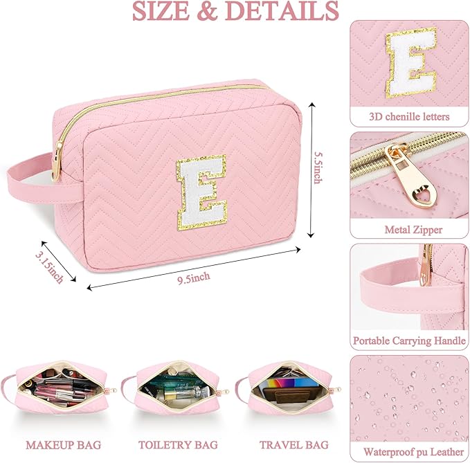 Personalized Initial Makeup Bag Trendy Stuff Leather Waterproof Cosmetic Bag Travel Toiletry Bag, Christmas/Thanksgiving/Halloween Gifts Makeup Organizer Case for Women Girls Mom Girlfriend Wife