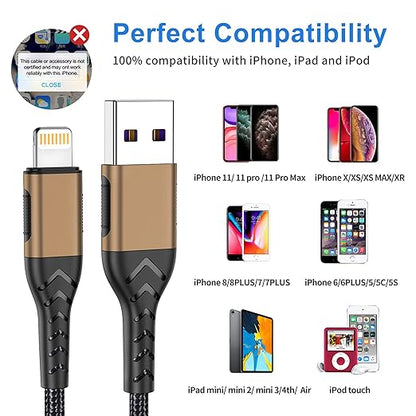 Durcord iPhone Charger, [MFi Certified] 3Pack 6FT USB A Cable for Long Charger Cable, Fast iPhone Charging Cord Compatible with with iPhone Xs Max/XS/XR/X/8/7/6S/6/Plus/SE/iPad(Brown)