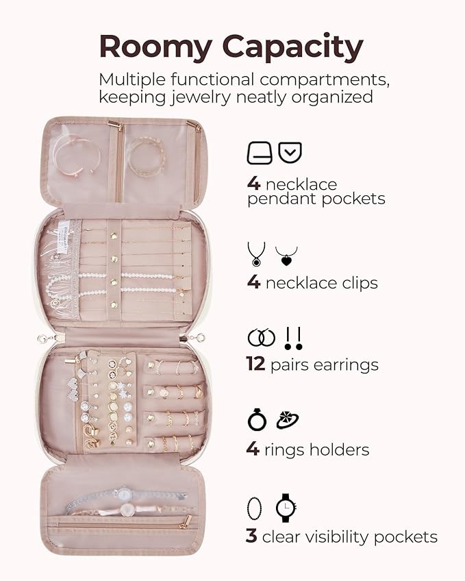 BAGSMART Travel Jewelry Case, Jewelry Organizer for Women Girls, Zipper Rings Holder Storage Pouch for Rolls Necklaces,Stud Earrings,Bracelets, Beige