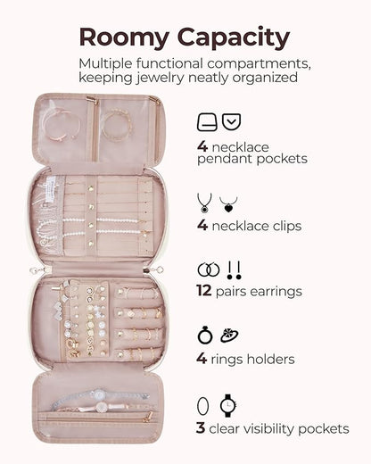 BAGSMART Travel Jewelry Case, Jewelry Organizer for Women Girls, Zipper Rings Holder Storage Pouch for Rolls Necklaces,Stud Earrings,Bracelets, Beige