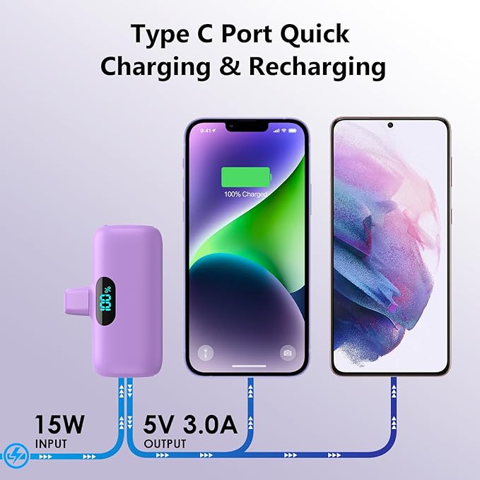 Mini Portable Charger for iPhone,Upgraded 5000mAh PD Fast Charging Battery Pack,LCD Display Cute Power Bank Portable Phone Charger for iPhone 14/14 Pro Max/13/13 Pro/12 Pro/11/XS/XR/X/8/7/6-Purple