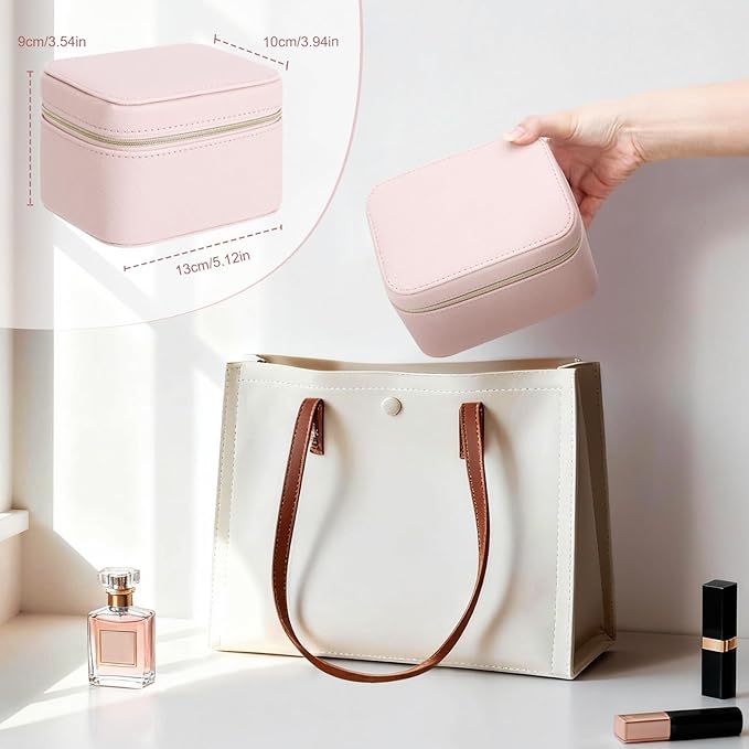 DesignSter Travel Jewelry Case,Small Jewelry Box with Mirror,Leather Material Travel Jewelry Case Organizer, Portable Jewelry Organizer with Zipper(Pink