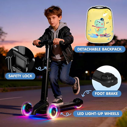 smilesun 4-in-1 Detachable Scooter Luggage for Kids & Teens, Hardside Ride-On Suitcase with Dinosaur Design, Lightweight Foldable, Perfect Travel Gift for Boys(Yellow 22-inch)