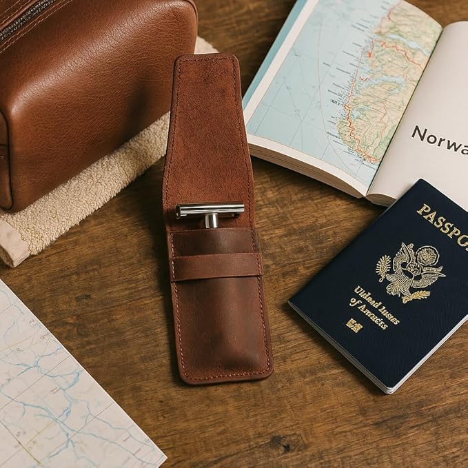 Leather Safety Razor Case Shaving Accessories Straight Safety Razor Holder for Double Edge Personal Care Essentials Handmade Shaver Case for Travel (Brown)