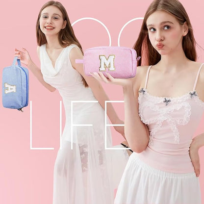 YOOLIFE Initial Makeup Bag for Teen Girls Women - Monogram Cute Large Blue Makeup Bags Cosmetic Toiletry Pouch for Her Friends Mom Sister Teacher, Personalized Birthday Gifts for Women R