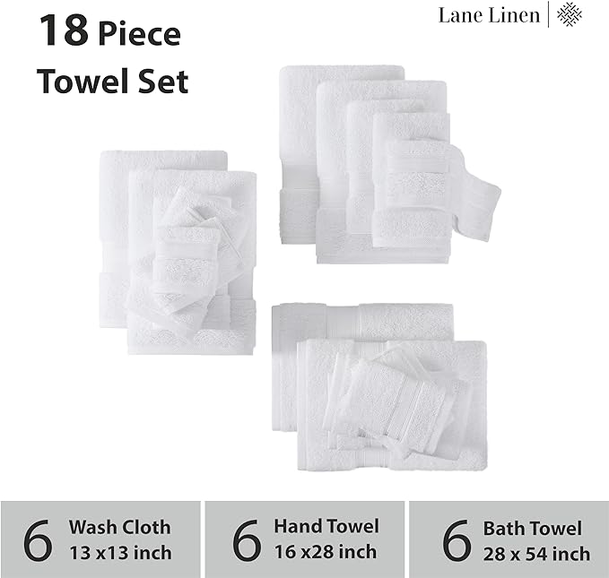 LANE LINEN Towel Set of 18 – Premium 100% Cotton, Zero Twist, 6 Large Bath Towel, 6 Hand Towels & 6 Wash Cloths, Quick Dry & Long-Lasting, Perfect for Family Bathrooms, Easy Care – White Towels