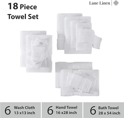 LANE LINEN Towel Set of 18 – Premium 100% Cotton, Zero Twist, 6 Large Bath Towel, 6 Hand Towels & 6 Wash Cloths, Quick Dry & Long-Lasting, Perfect for Family Bathrooms, Easy Care – White Towels