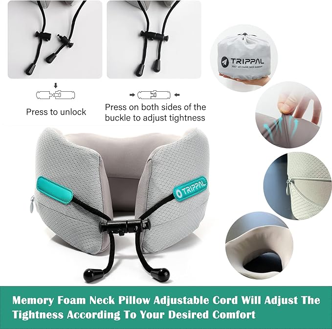 GOLDORANGE Travel Pillow Neck Chin Head Support Best Memory Foam Airplane Neck Pillows 360-Degree Support for Travel Bus Home Office and Gaming, Grey L