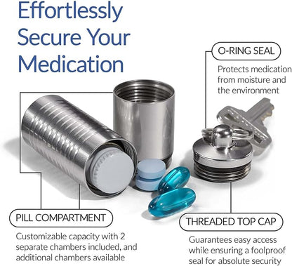 Cielo Pill Holders - Slim Single Chamber Keychain Pill Holder, Stainless Steel Pill Keychain Container, Waterproof Pill Case, Compact with Customizable Chambers, Stores 9 Aspirin-Sized Tablets