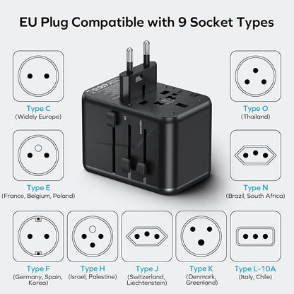 MOMAX 6-in-1 Universal Travel Adapter, GaN 70W International Power Adapter, 3 USB-C PD Fast Charging & 2 USB-A QC, 1 AC, All-in-One International Plug Adapter for Travel European UK AUS JP
