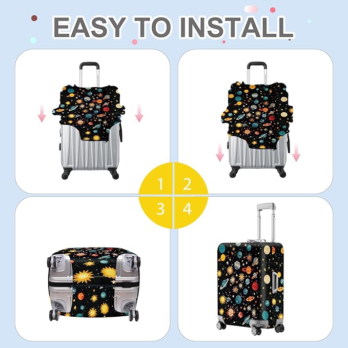 ANNA QUEEN Space Exploration Luggage Cover, Colorful Planets & Stars Design, Stretchable, Washable Travel Protector for 20-34 Inch Suitcases