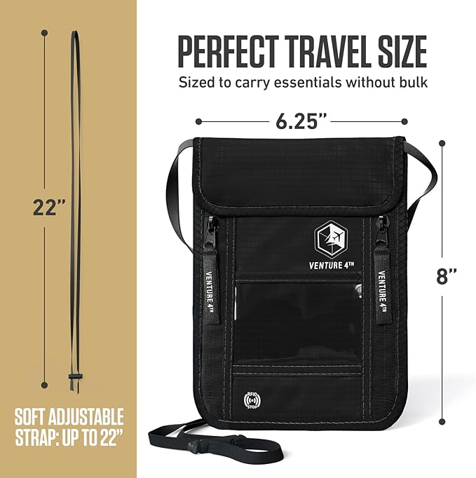 VENTURE 4TH Neck Wallet, RFID Blocking Passport Holder for Travel – Hidden Neck Pouch with 6 Compartments, Slim Lightweight Organizer with Adjustable Strap for Cash, Cards & Passport (Pure Black)