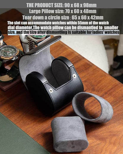 Watch Travel Case, Single Premium Leather Watch Case, Variable Size Watch Pillow Design, Portable Watch Storage Box for Men and Women, Black Watch Roll Organizer with Faux Suede Fabric Lining