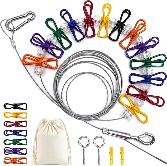 Portable Clothesline with 20 Clips, 12Ft Stainless Steel Wire Rope Adjustable Retractable Travel Clothesline for Indoor Outdoor Laundry Drying line, Cruise Clothes line, Balcony, Camping