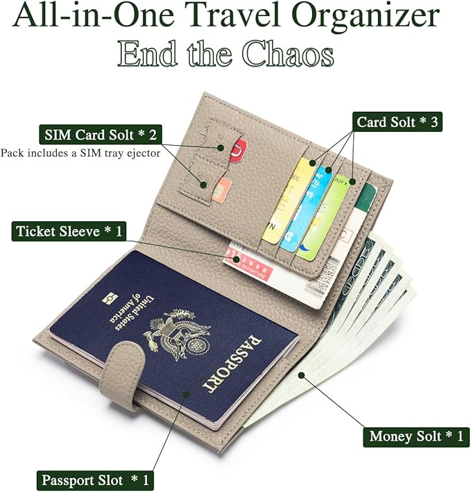 Passport Wallet for Women – Slim RFID Blocking Passport Cover with 1 Passport Slot & 3 Card Slots, Coin Pocket & SIM Slot – Genuine Leather Travel Organizer Elephant Gray