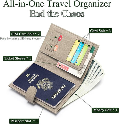 Passport Wallet for Women – Slim RFID Blocking Passport Cover with 1 Passport Slot & 3 Card Slots, Coin Pocket & SIM Slot – Genuine Leather Travel Organizer Elephant Gray