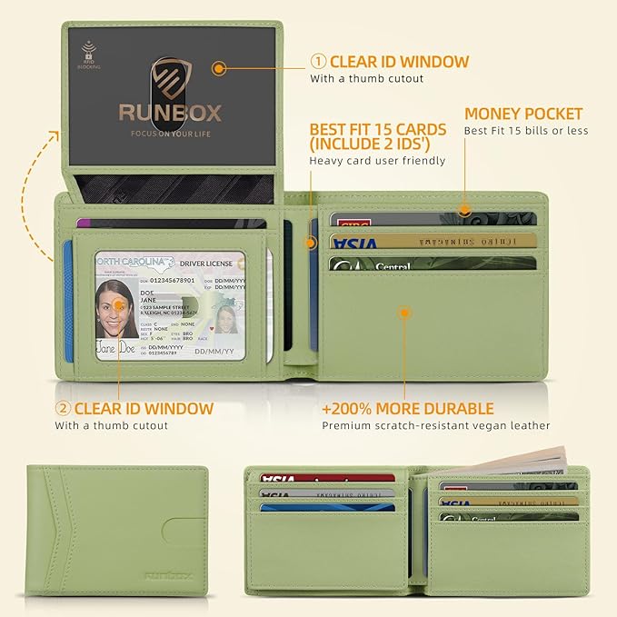 RUNBOX Wallet for Men Slim Rfid Leather 2 ID Window With Gift Box