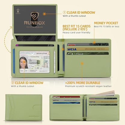 RUNBOX Wallet for Men Slim Rfid Leather 2 ID Window With Gift Box