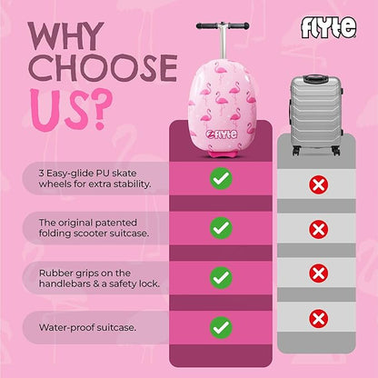 Flyte Fifi the Flamingo Scooter Suitcase - 2-in-1, 18 inch Ride on Suitcase for Kids, 25 Litre Capacity Kids' Luggage on Wheels for Boys and Girls Aged 4+, Rideable Carry on Children's Suitcases