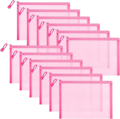 12 Pieces Zipper Nylon Mesh Pouch, Mesh Cosmetic Bags Makeup Bags Pencil Case, Multipurpose Travel Bags for Cosmetic School Office Supplies and Travel Accessories (Pink, A5)