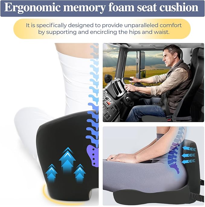 Memory Foam Seat Cushion for Sciatica & Back Pain Relief - Ergonomic Chair Pad with Adjustable Strap & Supportive Comfort Cover, Non-Slip for Car, Truck, Office Chair - Dark Gray