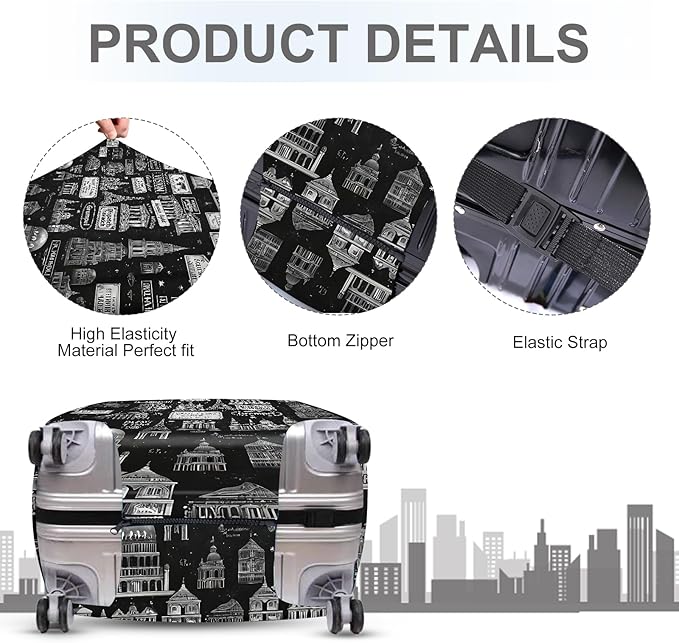 ANNA QUEEN Landmarks Travel Luggage Cover, Black & White City Monuments Design, Stretchable, Washable Suitcase Protector for 20-34 Inch Luggage