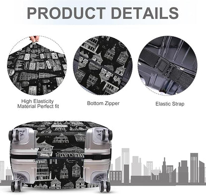ANNA QUEEN Landmarks Travel Luggage Cover, Black & White City Monuments Design, Stretchable, Washable Suitcase Protector for 20-34 Inch Luggage