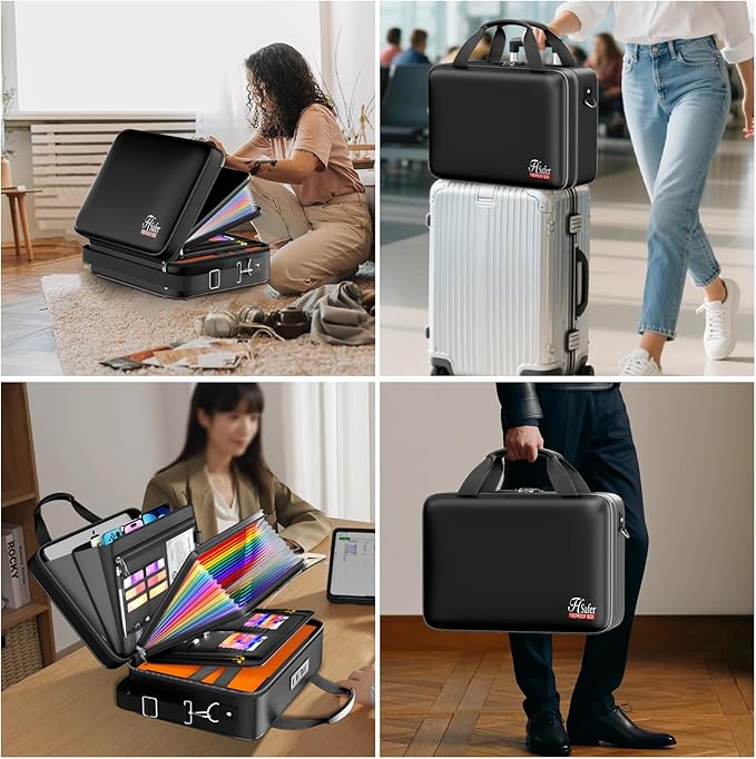 5200℉ Fireproof Document Box with lock, Hard-Shell Case File Organizer with 24 Pocket Accordion File Folder, Portable Safe Box with Shoulder Strap for Home Important Documents Laptop Black