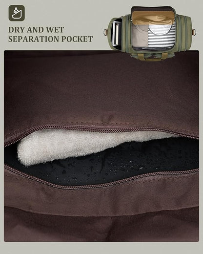 Gonex Canvas Duffle Bag for Travel, Expandable Water Resistant 60L Carry on Duffel Overnight Weekender Gym Bag with Wet Dry Separation Pocket & Suitcase Handle Sleeve, Army Green