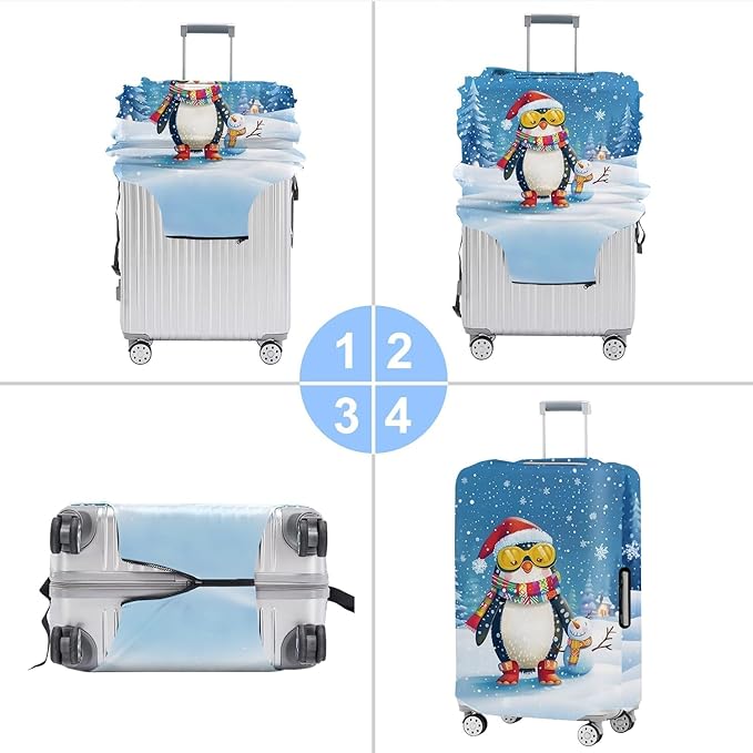 Christmas Penguin Luggage Cover – Cute Winter Penguin Suitcase Protector, Holiday Travel Luggage Sleeve, Stretchable & Waterproof,L
