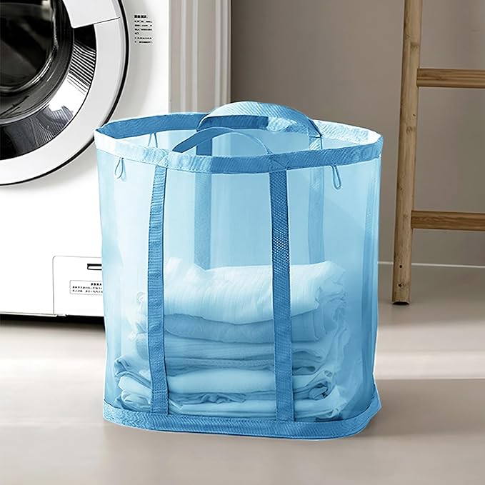 Mesh Bag with Handles, Collapsible Laundry Basket, Foldable Laundry Bag, Breathable Folding Beach Bag,Space-saving Travel Tote Bags (2, Blue)