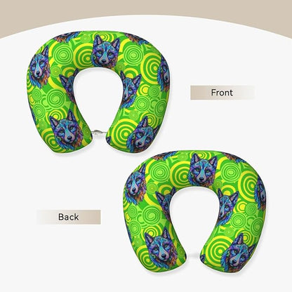 Neck Pillows for Travel Tie Dye German Shepherd Dog Green, Women and Men Airplane Car Pillow, Neck Support U Shaped Pillow for Rest Pain Relief Sleeping