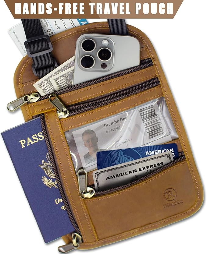 RiRingsun Genuine Leather Passport Holder For Travel, RFID Blocking Slim Neck Wallet with Adjustable Strap for Women Men, Travel Essentials to Keep Cash, Credit Cards and Documents Safe, Light Brown