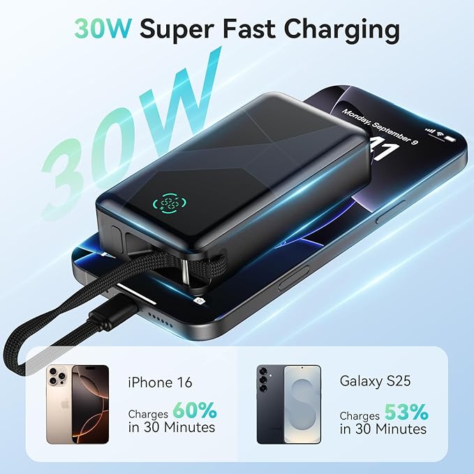 Power Bank, 10,000mAh Portable Charger PD 30W Fast Charging External Battery Pack with Built-in USB-C Cable, Travel Phone Charger with USB-C&A Output for iPhone 17 16 15, Ipad, Samsung, Google Etc