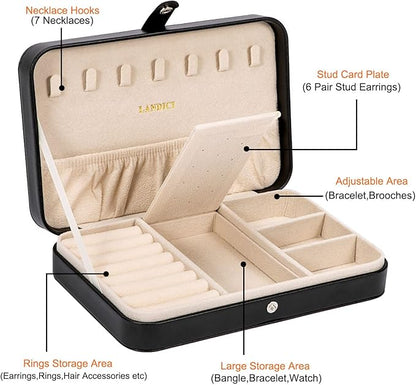 LANDICI Small Jewelry Box for Women Girls, PU Leather Travel Jewelry Case, Portable Jewelry Organizer Storage Holder Display for Ring Earrings Necklace Bracelet Bangle Men Kids Gift, Black