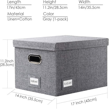 PRANDOM File Organizer Box - Set of 1 Collapsible Decorative Linen Filing Storage Hanging File Folders with Lids Office Cabinet Letter/Legal Size Grey (17x14x11.2 inch)
