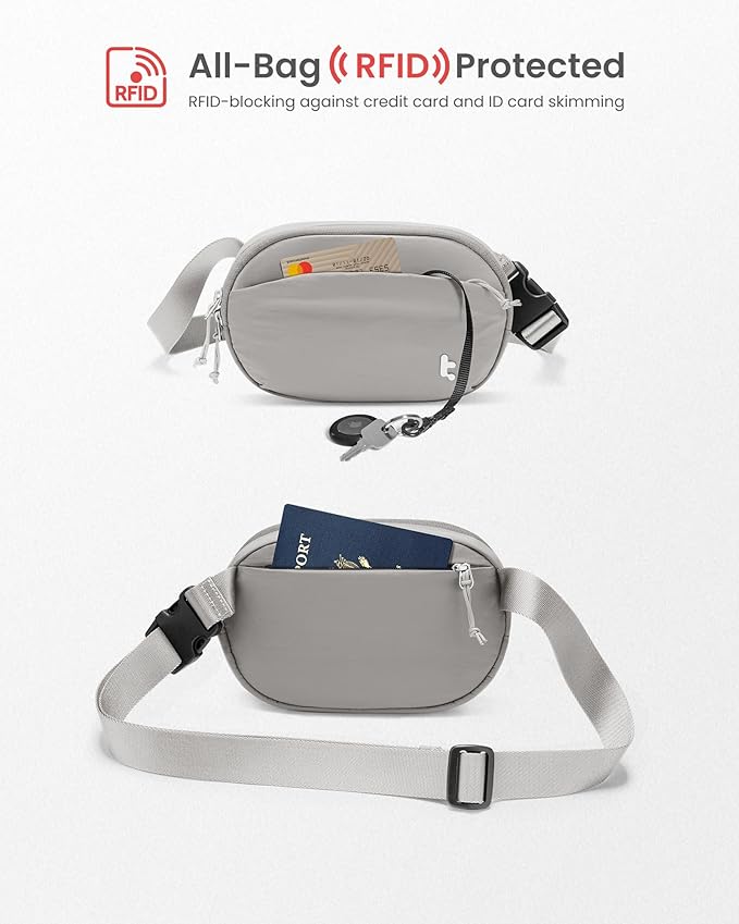 tomtoc Belt Bag with RFID Blocking, 1.5L Cross Body Fanny Pack for Women Men, Sling Waist Bags with Adjustable Strap for Travel Walk