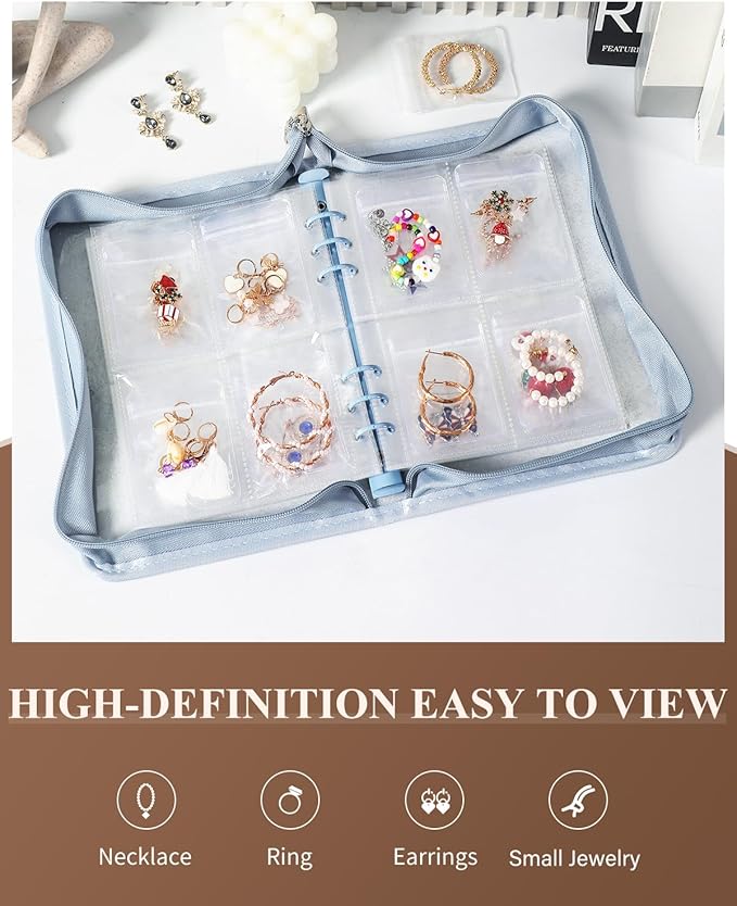 AOLEIXIYA Jewelry Organizer Book Clear Travel earring book organizer Transparent Jewelry Book with Zipper Pouch Bags (Light blue,With 80 PCS Small Jewelry Bags)