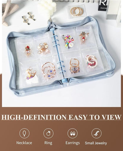 AOLEIXIYA Jewelry Organizer Book Clear Travel earring book organizer Transparent Jewelry Book with Zipper Pouch Bags (Light blue,With 80 PCS Small Jewelry Bags)