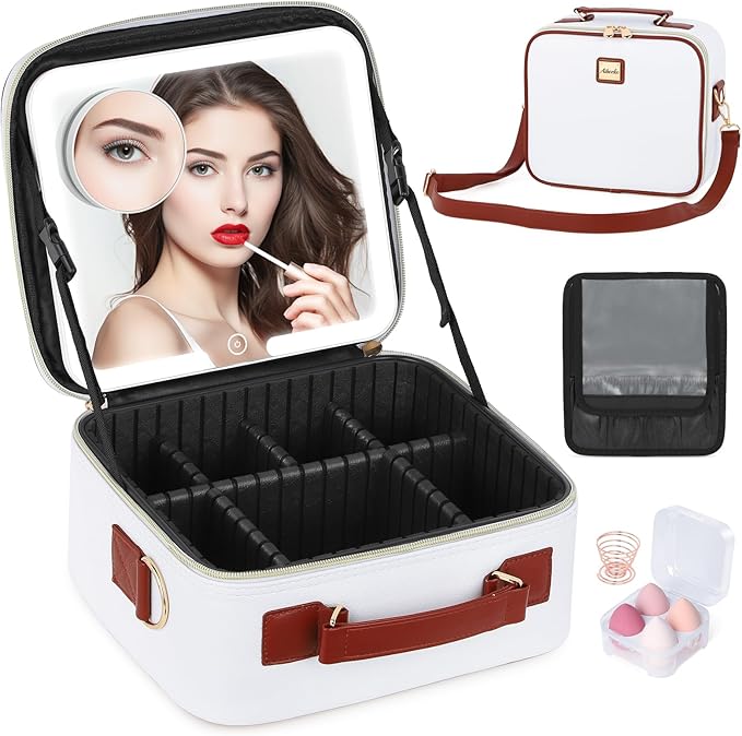 Travel Makeup Bag with Led Mirror Make up Case with Lighted Mirror Cosmetic Organizer bag with Adjustable Dividers and 5X Magnifying Mirror Makeup Box Vanity Case for Women