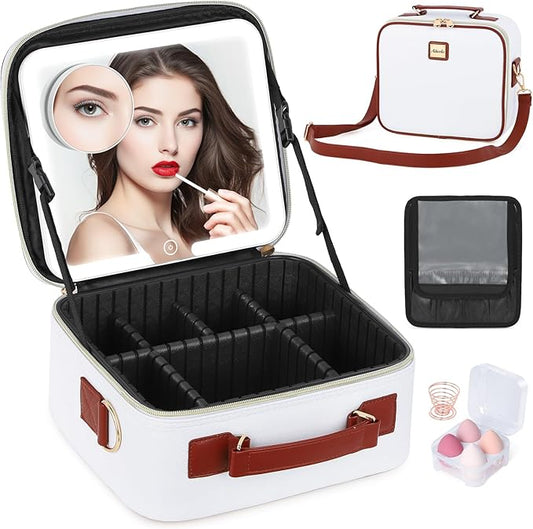 Travel Makeup Bag with Led Mirror Make up Case with Lighted Mirror Cosmetic Organizer bag with Adjustable Dividers and 5X Magnifying Mirror Makeup Box Vanity Case for Women