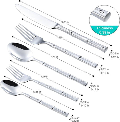 Silverware Set Silver Bamboo Handle Flatware Stainless Steel Heavy Cutlery Set 20 Pieces Mirror Polished Spoons Forks and Knives Service for 4