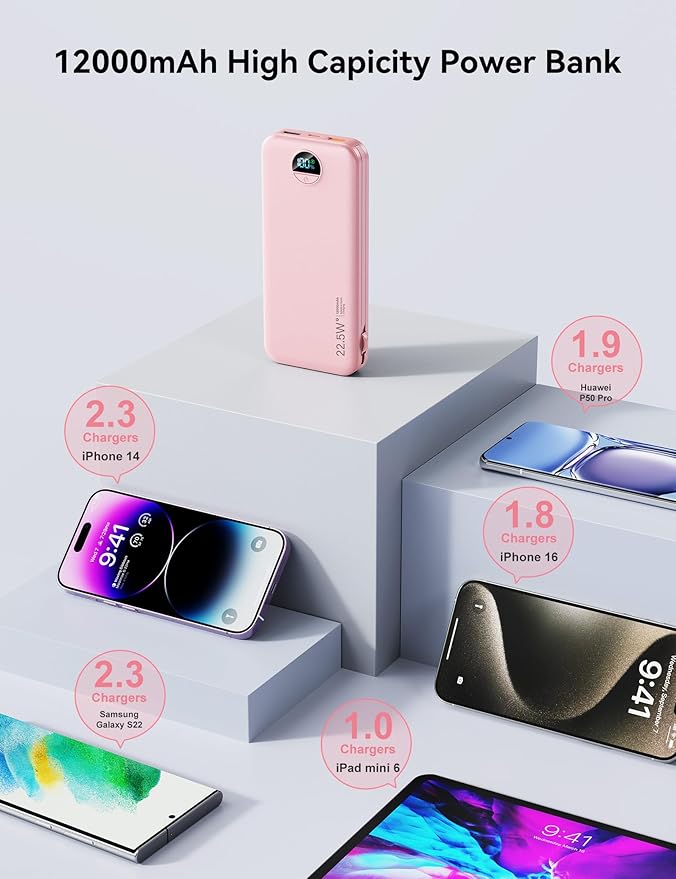 12000mAh Ultra-Portable-Charger-Power-Bank with Built in Cables&AC Wall Plug,PD20W USB-C Fast Charging Cell Phone Charger Battery Pack,LED Display Travel Battery Bank for All iPhone,Samsung,Android