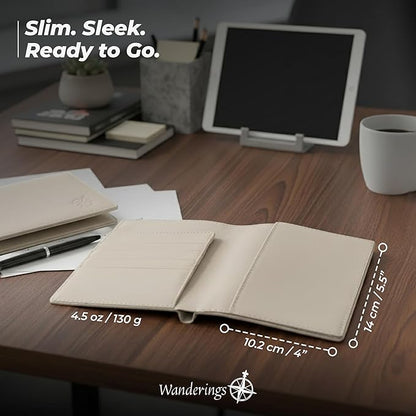 WANDERINGS Leather Travel Wallet with Passport Holder - 5.5" x 4" - Genuine Leather Case with RFID Blocking for Men and Women - Folding Wallet for Passports - Oat Color