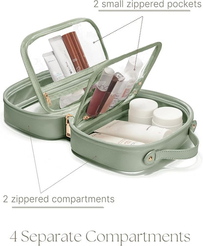 Clear Cosmetic Bag Double Layer Travel Toiletry Bag Clear Makeup Bag Case with 4 Compartments, Transparent Travel Bag for Toiletries, Large Toiletry Bag for Women Cosmetic Case (Sage Green, Large)